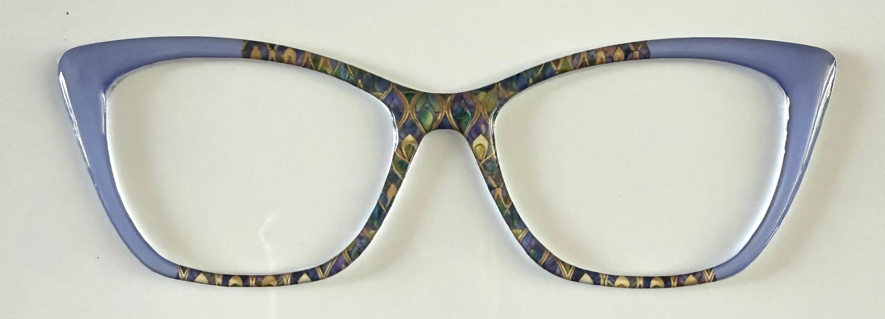 Wanda Topper; Framefetti; purple/green/gold geometric pattern/light purple vertical split