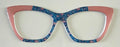 Wanda Topper; Framefetti; blue geometric pattern/peach vertical split
