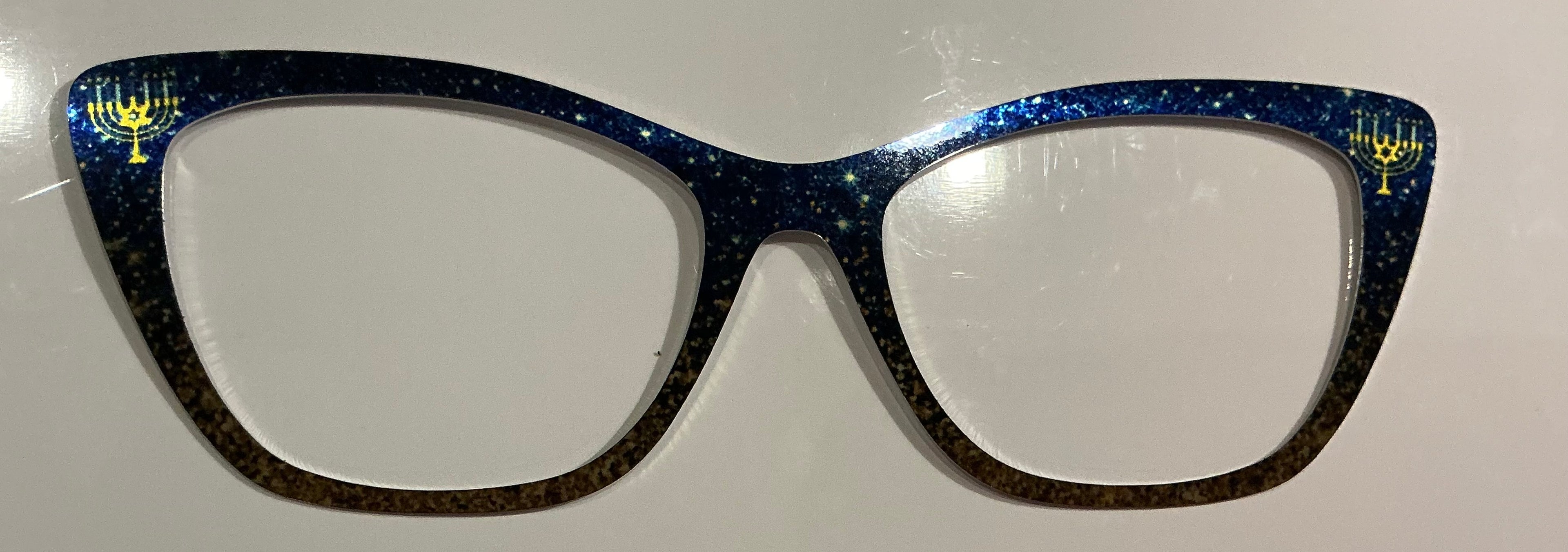 Wanda Topper, metal, Menorrah on blue sparkles