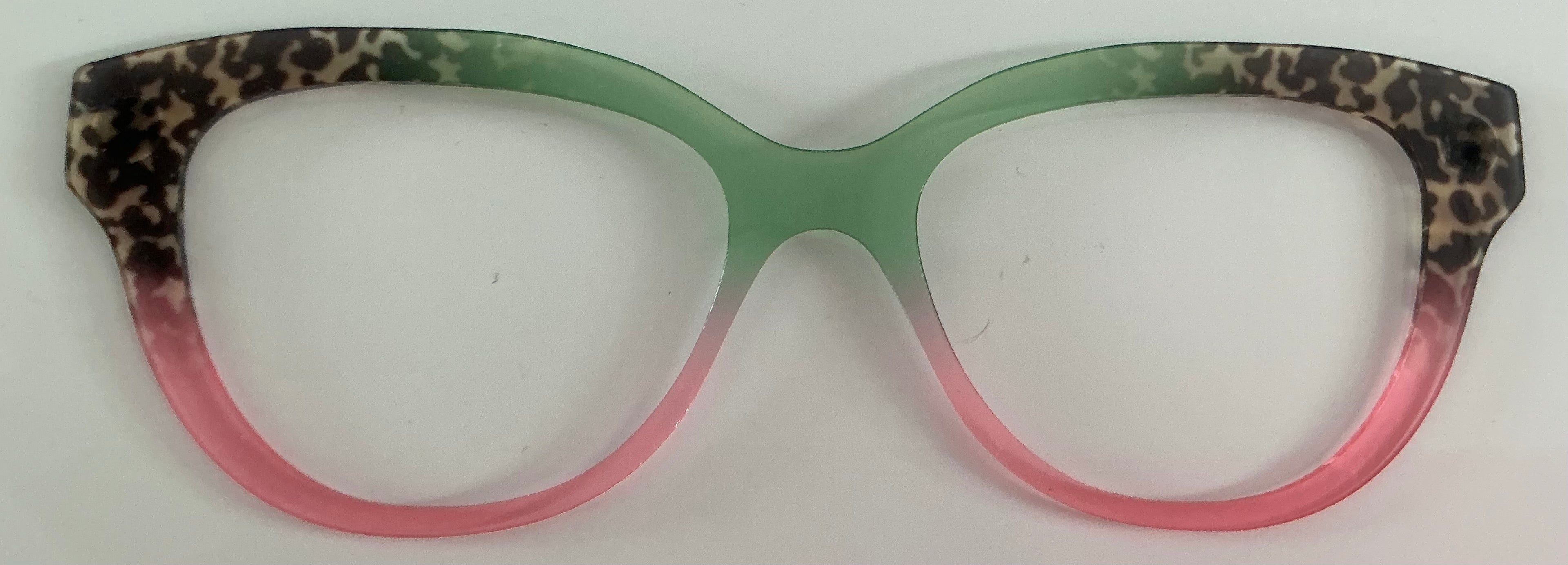 Quinn Topper; Myni Made; translucent green and pink split with cheetah corner accents