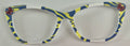 Wanda, blue yellow white swirls with red ribbon corners